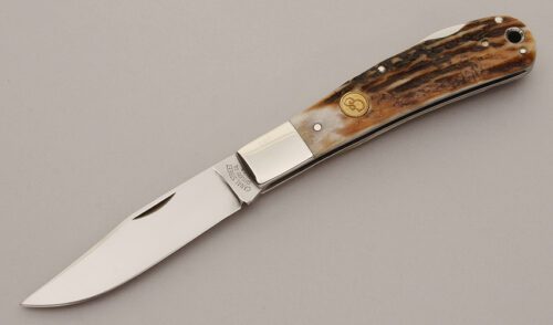 Canal Street Cutlery Squeeze Lockback Folder with Sambar Stag Handle Scales handle material - Obverse Side - Item #KLC11490