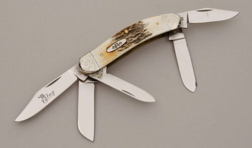Case Cutlery TB5539 5 Blade Sowbelly with Burnt Stag Handle Scales handle material - Obverse Side - Item #KLC11505
