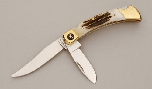 Browning Knives Model 522 Bird & Fish Folder with Stag Handle Scales handle material - Obverse Side - Item #KLC11523