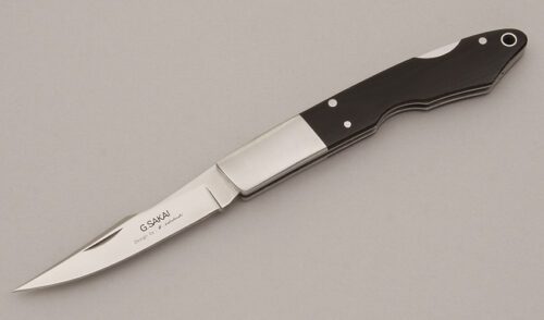 G. Sakai Cutlery Medium Takahashi Trout & Bird with Black Micarta Scales handle material - Obverse Side - Item #KLC11540