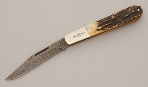Bear & Son Cutlery Heritage Large Damascus Barlow with India Stag Handle Scales handle material - Obverse Side - Item #KLC11541