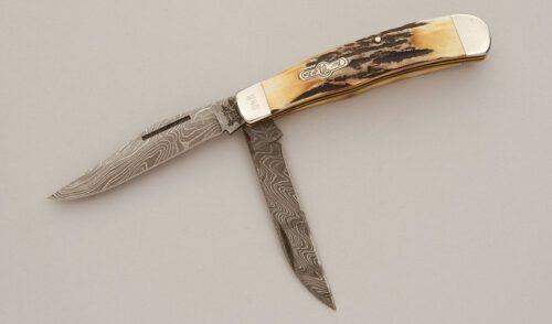 Bear & Son Cutlery Heritage Damascus Trapper with India Stag Scales handle material - Obverse Side - Item #KLC11542