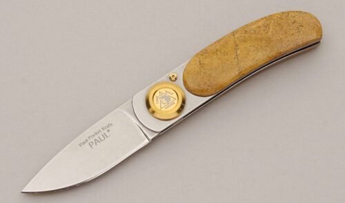 Lone Wolf Knives Paul Pocket Folder with Brown Sand Stone Agate Scales handle material - Obverse Side - Item #KLC11566