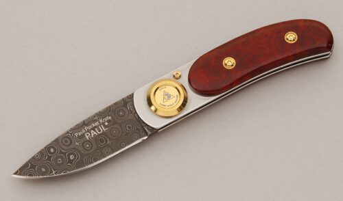 Lone Wolf Knives Paul Pocket Damascus Folder with Red Dyed Amboyna Wood Scales handle material - Obverse Side - Item #KLC11568