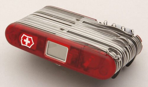 Victorinox Swiss Champ XAVT Multi-Tool with Ruby Translucient Polyamide handle material - Obverse Side - Item #KLC11569