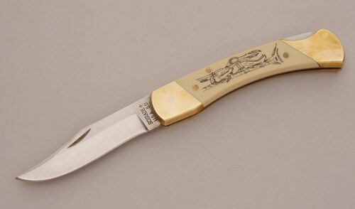 Schrade Cutlery Sundance Folding Lockback Hntr with Ivory Delrin Handle Scales handle material - Obverse Side - Item #KLC11585