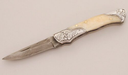 Unknown Maker Damascus Lockback Folder with Smooth White Bone Scales handle material - Obverse Side - Item #KLC11590