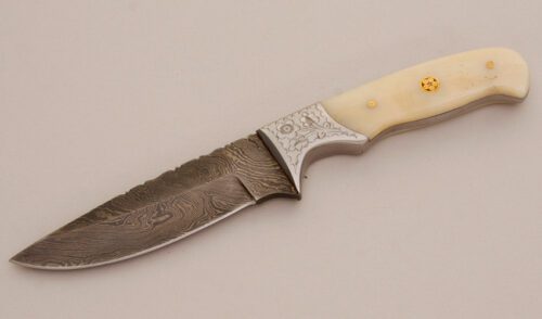 Unknown Maker Damascus Hunter with Smooth White Bone Scales handle material - Obverse Side - Item #KLC11595