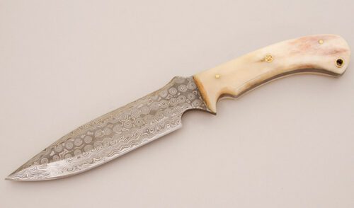 Unknown Maker Damascus Fighter with Smooth White Bone Scales handle material - Obverse Side - Item #KLC11596
