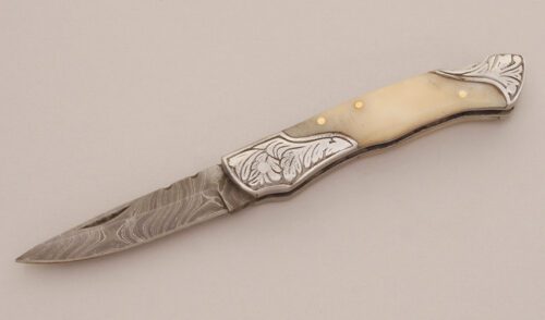 Unknown Maker Damascus Folder with Smooth White Bone Scales handle material - Obverse Side - Item #KLC11597