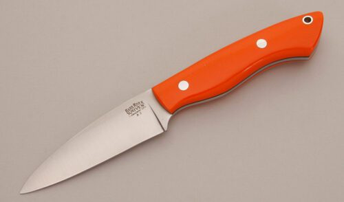 Bark River Knife & Tool Bush Seax Bantam with Blaze Orange G-10 Scales handle material - Obverse Side - Item #KLC11603