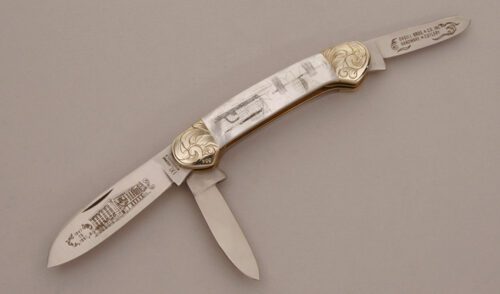 George Wostenholm Cutlery Three Blade Canoe with Mother of Pearl Handle Scales handle material - Obverse Side - Item #KLC11619