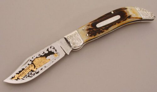 Schrade Cutlery 75TH Anniversary Clasp Knife with India Stag Handle Scales handle material - Obverse Side - Item #KLC11623