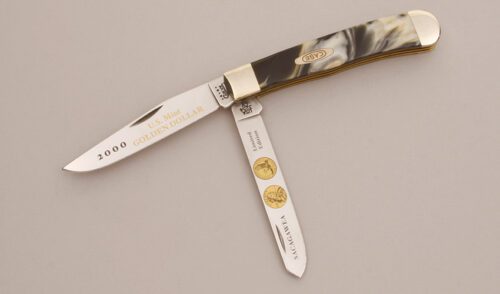 Case Cutlery Sacagawea Golden Dollar Knife with Black & Gold Composite Scales handle material - Obverse Side - Item #KLC11637