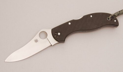 Spyderco Knives C90CFPE Stretch Lockback with Textured Carbon Fiber Scales handle material - Obverse Side - Item #KLC11680