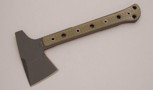 RMJ Forge Jenny Wren Tomahawk with Green Machined G-10 Scales handle material - Obverse Side - Item #KLC11720