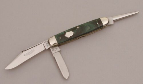 Remington Knives R3415 Stock Knife with Green Pyremite Scales handle material - Obverse Side - Item #KLC11721