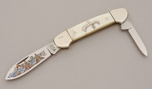 Boker Knives Two Blade Canoe with White Pearl Celluloid handle material - Obverse Side - Item #KLC11765