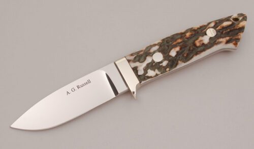 A.G. Russell Loveless Drop Point Hunter with India Stag Handle Scales handle material - Obverse Side - Item #KLC11772