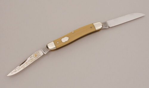 Bulldog Knives 1997 Fort City Knife Collector with Waterfall Celluloid Scales handle material - Obverse Side - Item #KLC11787