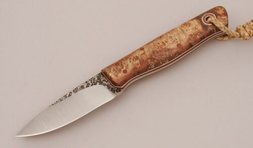 Fiddleback Forge Drop Point Hunter with Box Elder Burl Wood Scales handle material - Obverse Side - Item #KLC11802