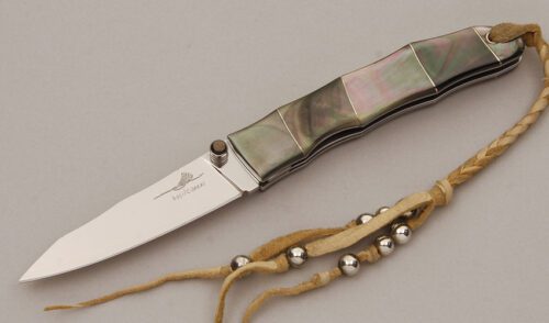 G. Sakai Cutlery Koji Hara Design Linerlock with Black Lip Pearl Scales handle material - Obverse Side - Item #KLC11811