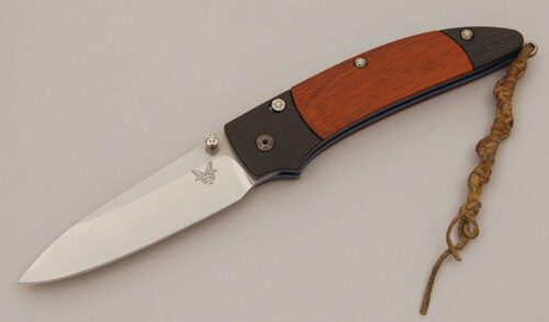 Benchmade Knives 480 Shoki Nakamura Button Lock with Black G10 & Winewood Scales handle material - Obverse Side - Item #KLC11812