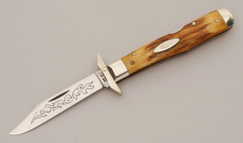 Case Cutlery Blue Scroll Cheetah Swing Grd with Stag Handle Scales handle material - Obverse Side - Item #KLC11826