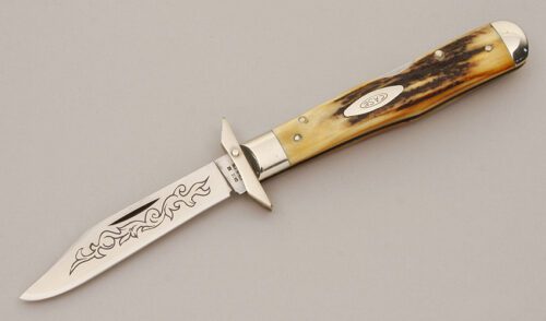 Case Cutlery Blue Scroll Cheetah Swing Grd with Stag Handle Scales handle material - Obverse Side - Item #KLC11830