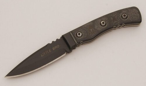 Tops Knives Little Bro with Black Linen Micarta Scales handle material - Obverse Side - Item #KLC11831
