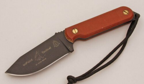Tops Knives OnPoint Tactical Knife with Natural Canvas Micarta Scales handle material - Obverse Side - Item #KLC11835