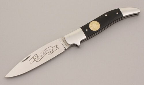 A.G. Russell 2011 Texas Ranger Folder with Black Rucarta Scales handle material - Obverse Side - Item #KLC11850