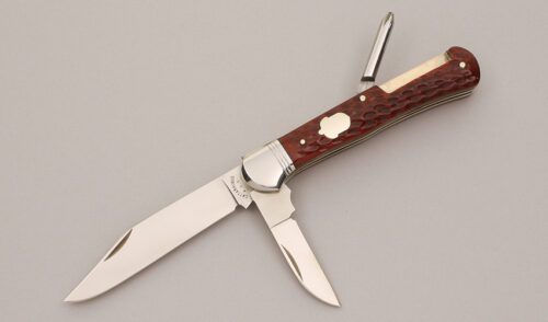 Cattaraugus Cutlery KCC FH-3 Folding Hunter with Dark Red Jigged Bone Scales handle material - Obverse Side - Item #KLC11852