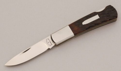 Cattaraugus Cutlery KCC CM-11 Lockback Folder with Brown Jigged Bone Scales handle material - Obverse Side - Item #KLC11855