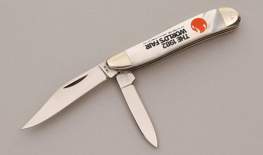 Case Cutlery 1982 World's Fair Peanut with Mother of Pearl Scales handle material - Obverse Side - Item #KLC11866