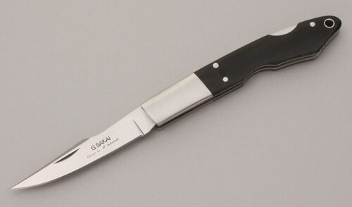 G. Sakai Cutlery Medium Takahashi Trout & Bird with Black Micarta Scales handle material - Obverse Side - Item #KLC11880