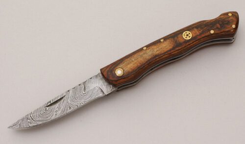 Unknown Maker Damascus Lockback Folder with Wood Micarta Scales handle material - Obverse Side - Item #KLC11895