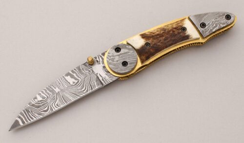 Unknown Maker Damascus Linerlock Folder with Stag Handle Scales handle material - Obverse Side - Item #KLC11899