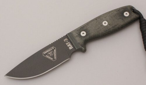 Ontario Knife Co. Rat-3 Survival Knife with Gray Micarta Handle Scales handle material - Obverse Side - Item #KLC11944