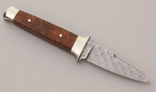Boker Knives Leo Damascus Boot Knife with Amboina Burl Wood Scales handle material - Obverse Side - Item #KLC11945