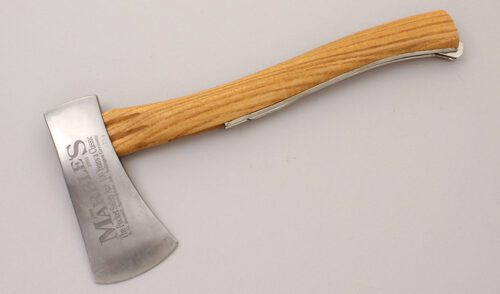 Marble's/A.G. Russell 100th Anniversary Safety Axe with Hickory Wood Handle handle material - Obverse Side - Item #KLC11967