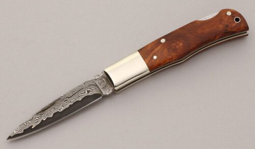 A.G. Russell Damascus Lockback Folder with Chinese Quince Wood Scales handle material - Obverse Side - Item #KLC11980
