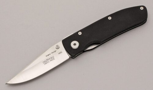 Klotzli Knives Walker Design Linerlock with Textured Black G-10 Scales handle material - Obverse Side - Item #KLC11982