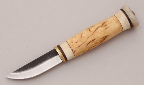 Kellam Knives Small Puukko with Curly Birch & Reindeer Antler handle material - Obverse Side - Item #KLC12035