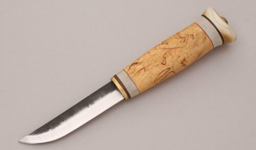 Kellam Knives Puukko Hunter with Curly Birch & Reindeer Antler handle material - Obverse Side - Item #KLC12037