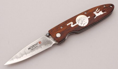 Mcusta Knives Moon & Rabbit Damascus Folder with Cocobolo Wood Scales handle material - Obverse Side - Item #KLC12061