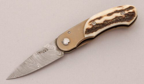 Xikar Cutlery 118 Elan Gents Damascus Folder with Stag Handle Scales handle material - Obverse Side - Item #KLC12067