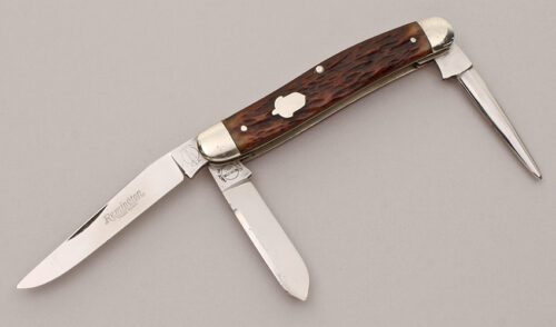 Remington Knives R4023 Stock Knife with Brown Jigged Bone Scales handle material - Obverse Side - Item #KLC12102
