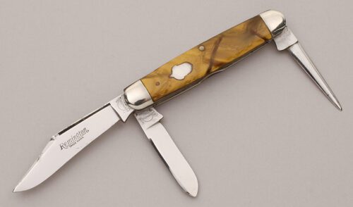Remington Knives R3415 Stock Knife with Gold Pyremite Handle Scales handle material - Obverse Side - Item #KLC12103