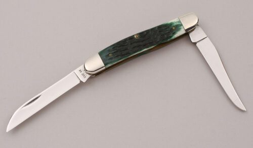 Case Cutlery Hawbaker's Special Muskrat with Green Jigged Bone Scales handle material - Obverse Side - Item #KLC12104